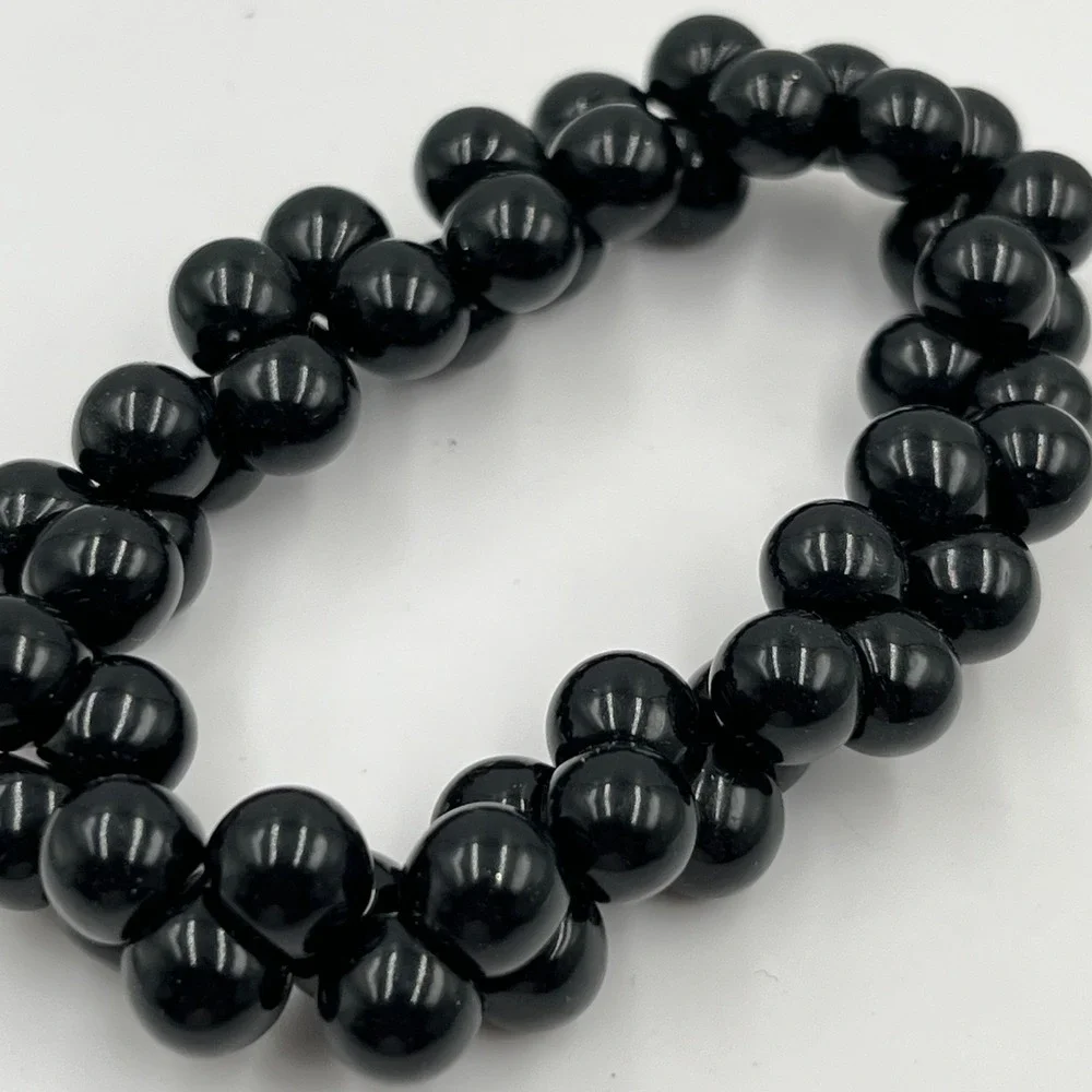 Vintage‎ Black Double Strand Beaded Stretch Bracelet Glossy Round Beads Classic
